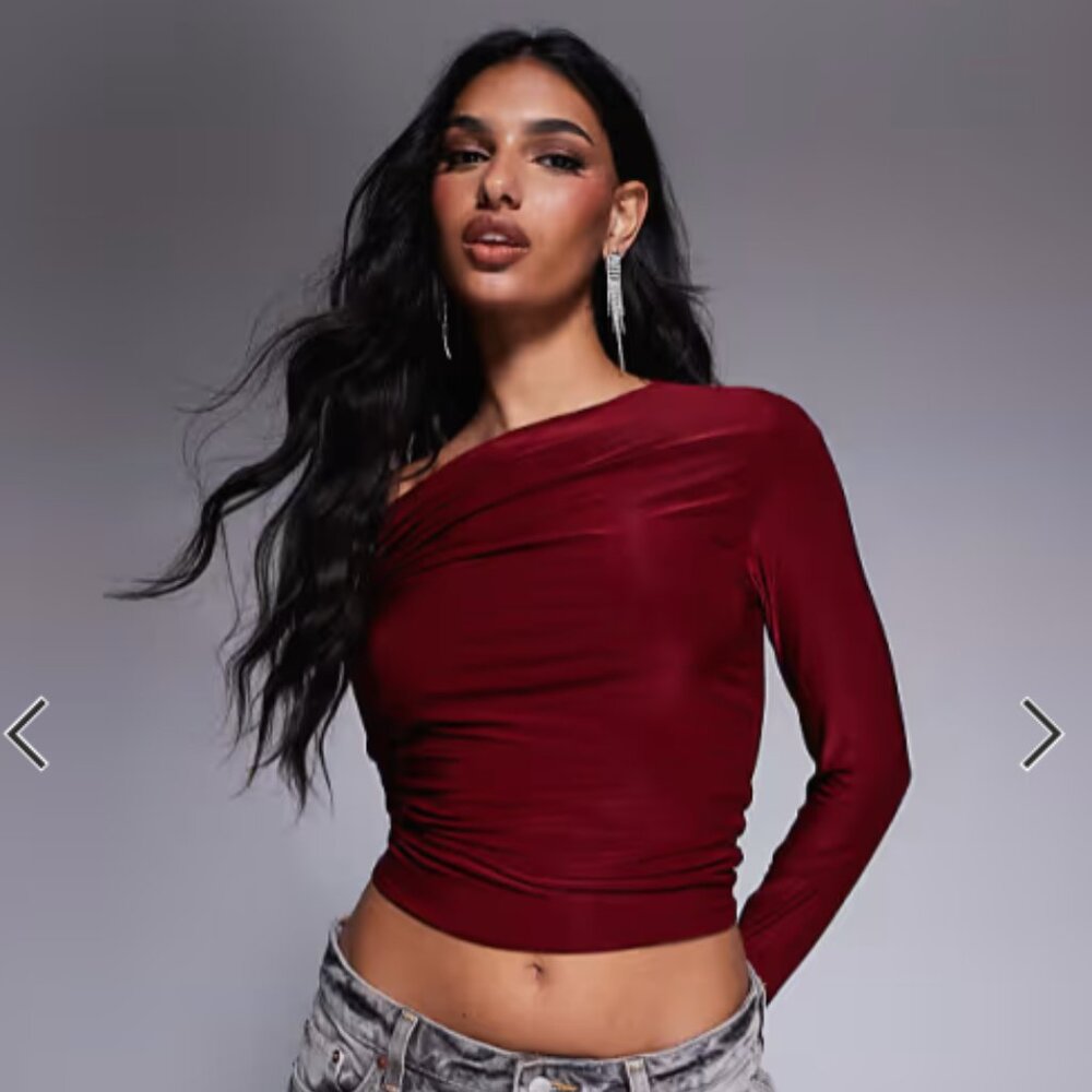 NWOT • ASOS • slinky ruched bardot long sleeve top in burgundy